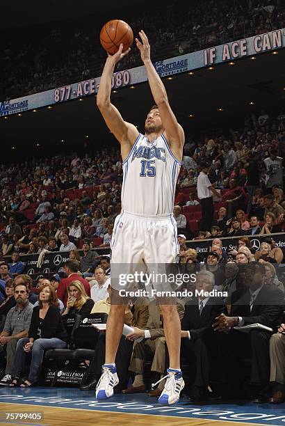 Hedo Turkoglu of the Orlando Magic shoots a jump shot during a game against the Memphis Grizzlies at Amway Arena on April 7, 2007 in Orlando,...