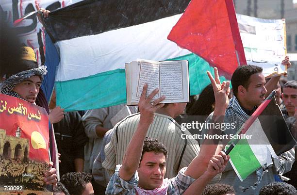 Cairo University students from the socialist Nasserist Party and members of the Muslim Brotherhood hold up Palestinian flags and the Koran during a...