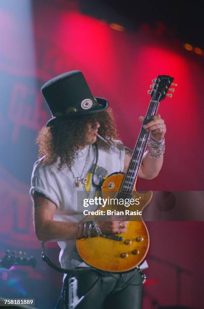 American guitarist and musician Slash of rock group Guns N' Roses, performs live playing his Gibson Les Paul guitar on stage at the Gibson Night of...