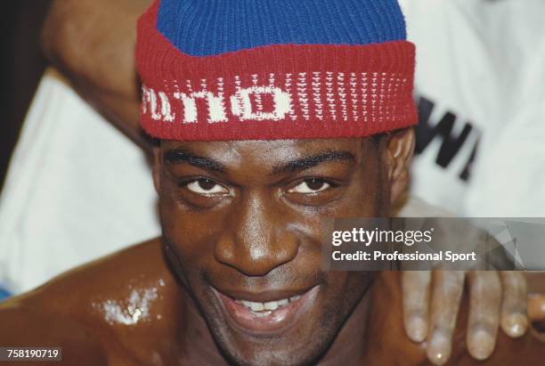 English heavyweight boxer Frank Bruno pictured wearing a bespoke Bruno bobble hat during a training session at his tented gym at Springs Hydro near...