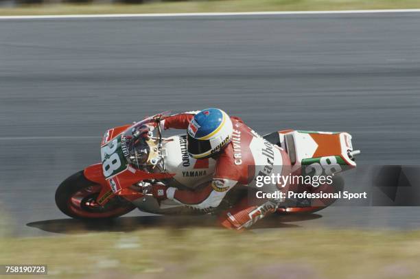 Spanish Grand Prix motorcycle road racer Alex Criville rides the 250cc Marlboro Yamaha TZ250 to finish in 9th place in the 1990 Swedish 250cc...