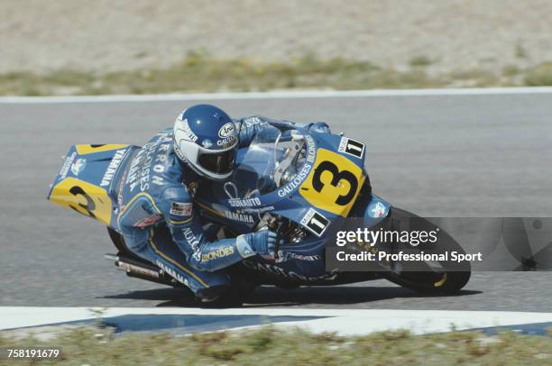 French Grand Prix motorcycle road racer Christian Sarron rides the 500cc Sonauto Yamaha YZR500 to finish in 7th place in the 1990 Spanish 500cc...