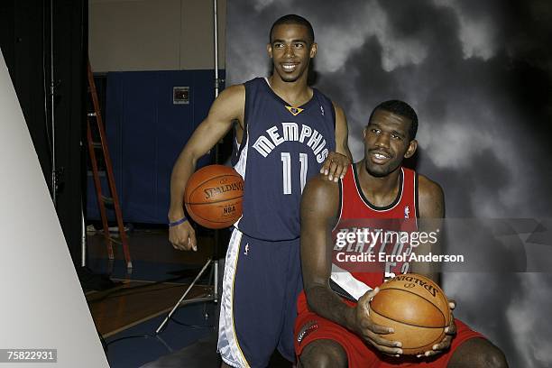 Behind the scenes look at Michael Conley of the Memphis Grizzlies and Greg Oden of the Portland Trail Blazers posing for photo during the 2007 NBA...