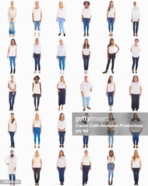 collage of portraits of smiling diverse women - white t shirt studio stock pictures, royalty-free photos & images