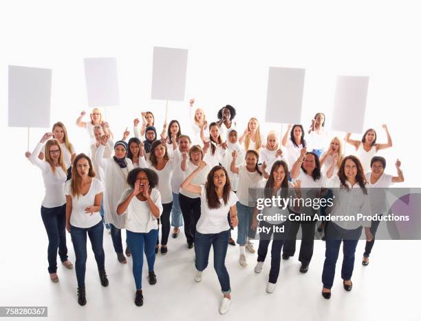 crowd of diverse women protesting holding blank signs - mob bildbanksfoton och bilder