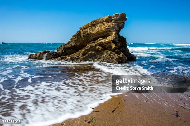waves splashing on rock at ocean beach - parque estatal de montaña de oro fotografías e imágenes de stock