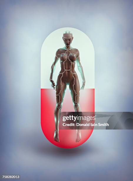 cyborg inside pharmaceutical pill - nanobot stock-fotos und bilder