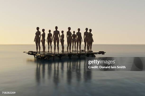 cyborg stranded on raft in ocean - refugee silhouette stock pictures, royalty-free photos & images