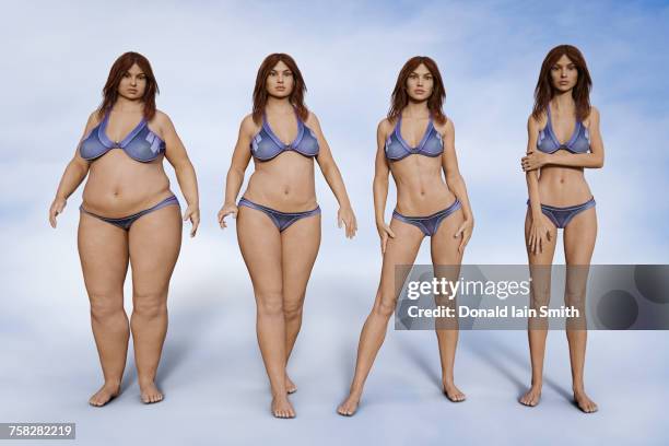 weight change of woman - transition collage stockfoto's en -beelden