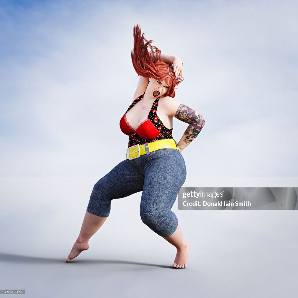 Overweight woman dancing barefoot