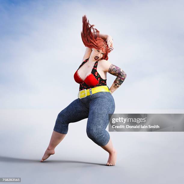 overweight woman dancing barefoot - fat woman dancing stockfoto's en -beelden