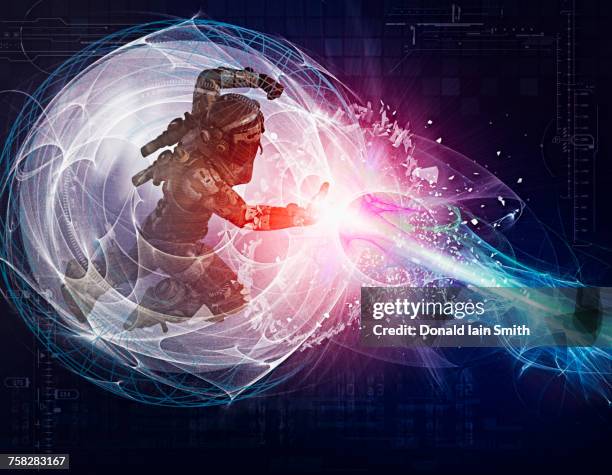 futuristic soldier shooting beam from force field - schutz und arbeitskleidung stock-fotos und bilder