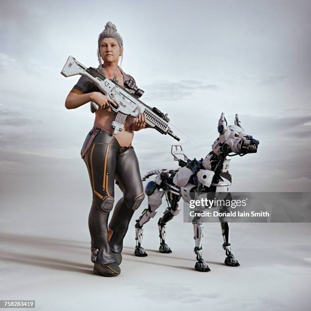 futuristic woman carrying rifle with a robot dog - augmented reality animal stock-fotos und bilder