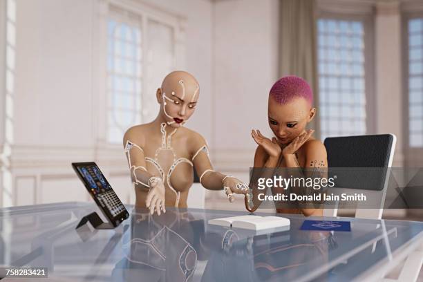 cyborg woman teaching girl with book - ausbildung digital stock-fotos und bilder