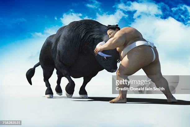 sumo wrestler battling bull - bull fight stock-fotos und bilder