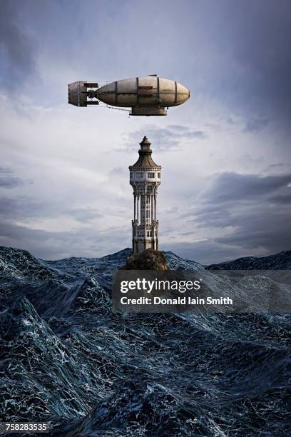 zeppelin hovering over lighthouse on rock in ocean - blimp stock-fotos und bilder