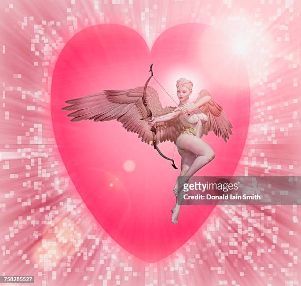 cupid holding bow and arrow in cyberspace - touched by an angel stockfoto's en -beelden