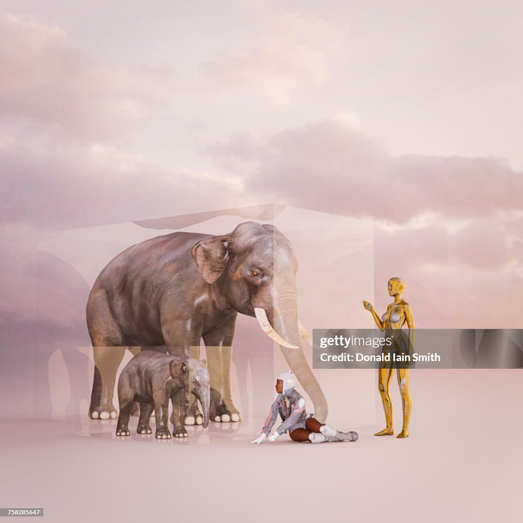 Cyborg teaching girl about elephants