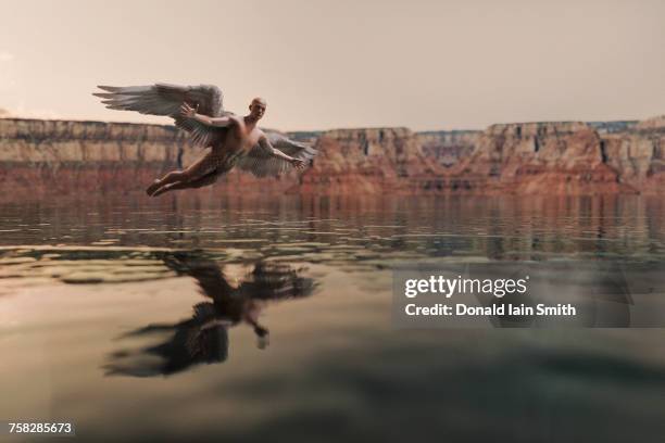 angel flying over water - man angel wings stock pictures, royalty-free photos & images