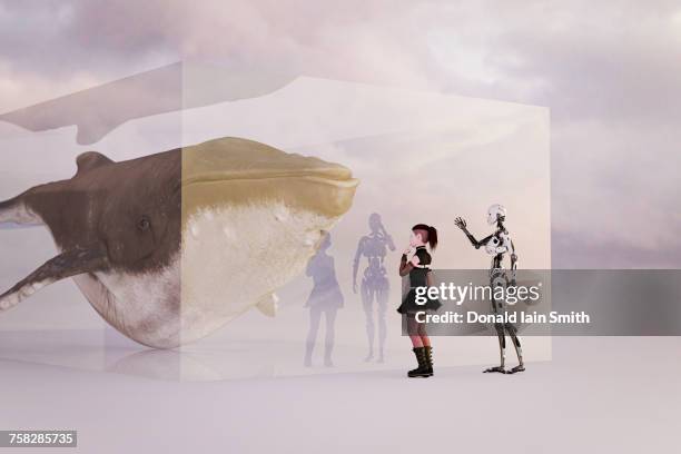 cyborg teaching girl about whale - art museum stock-fotos und bilder