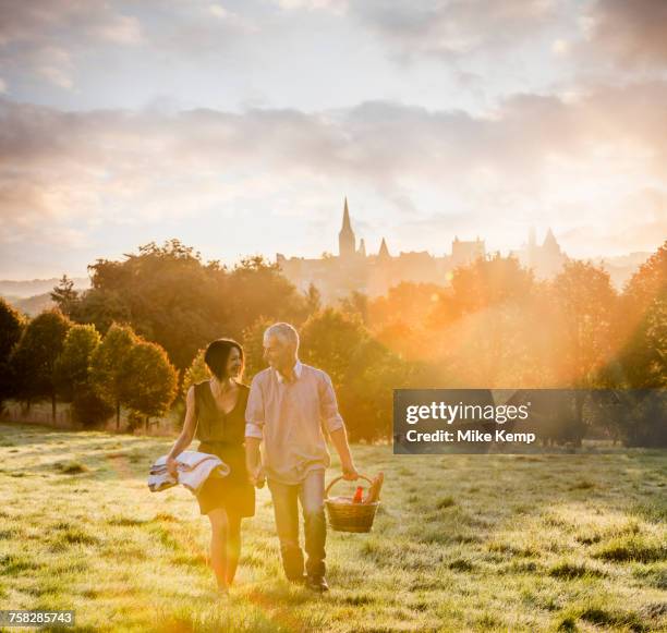 caucasian couple walking in field carrying picnicblanket and basket - city break stock-fotos und bilder