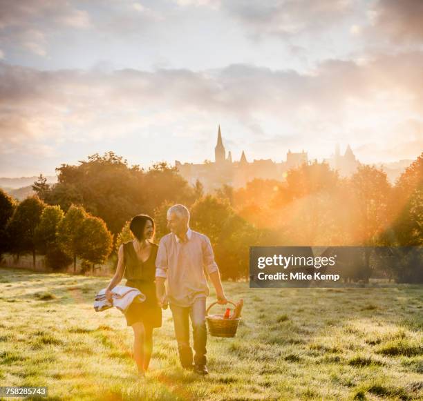caucasian couple walking in field carrying picnicblanket and basket - romantic picnic stockfoto's en -beelden