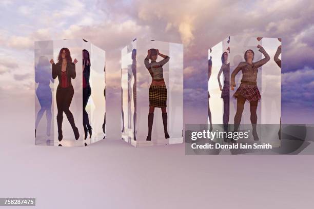 frustrated women in suspended animation in clouds - afgesloten ruimte stockfoto's en -beelden