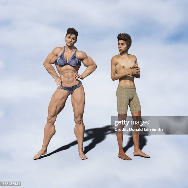 strong woman and weak man - muscle building stockfoto's en -beelden