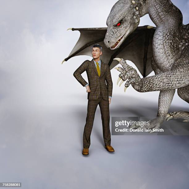 dragon tapping businessmen on shoulder - augmented reality animal stock-fotos und bilder