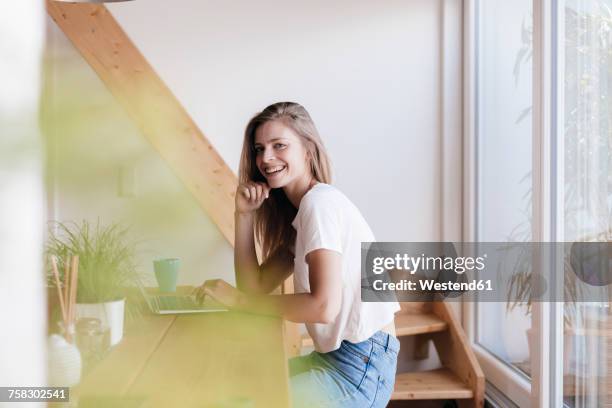young woman at home using laptop - german blonde 個照片及圖片檔