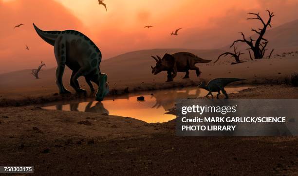 dinosaurs at a watering hole, illustration - dinosaur stock-grafiken, -clipart, -cartoons und -symbole