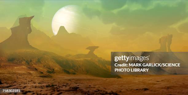 ilustrações, clipart, desenhos animados e ícones de gas giant seen from orbiting moon, illustration - extrasolar planet