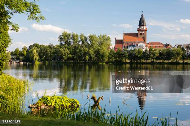 germany, waren, view to tiefwarensee and st mary's church - mecklenburger seenplatte stock-fotos und bilder