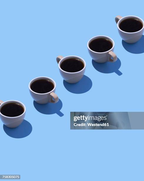 five coffee cups on light blue ground, 3d rendering - maximum stock illustrations