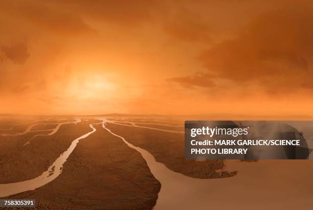 artwork of river delta on titan, illustration - titan stock illustrations