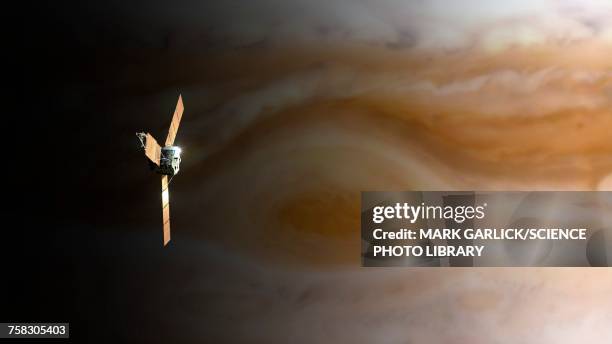 stockillustraties, clipart, cartoons en iconen met juno spacecraft above great red spot, illustration - exploratory spacecraft