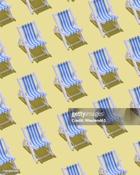 rows of beach chairs on yellow ground, 3d rendering - side by side stock illustrations