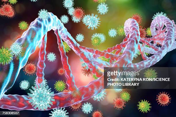 viruses and dna, illustration - proto oncogene stock illustrations