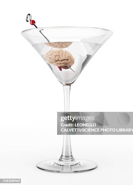 ilustraciones, imágenes clip art, dibujos animados e iconos de stock de cocktail glass with human brain, illustration - alcoholismo