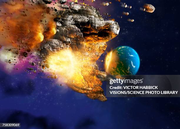 meteor hitting planet earth, illustration - asteroidengürtel stock-grafiken, -clipart, -cartoons und -symbole