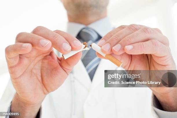 male doctor breaking cigarette in two - breaking cigarette stock pictures, royalty-free photos & images