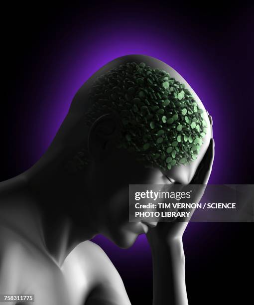 figure with pills in head - touching head stock illustrations