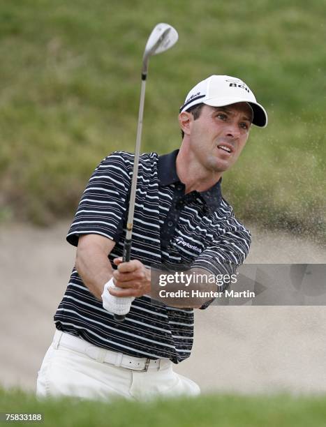 Mike Weir of Canada hits his third shot on the 11th hole during the second round of the Canadian Open at Angus Glen Golf Club on July 27, 2007 in...