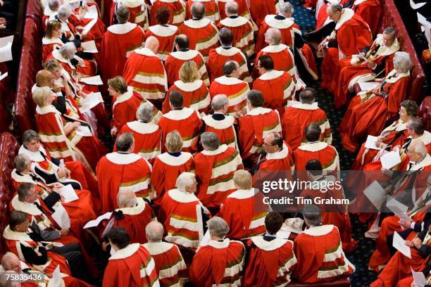 Members of House of Lords in robes at State Opening of Parliament, House of Lords, England, United Kingdom