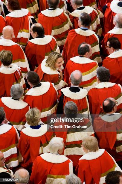 Members of House of Lords in robes at State Opening of Parliament, House of Lords, England, United Kingdom