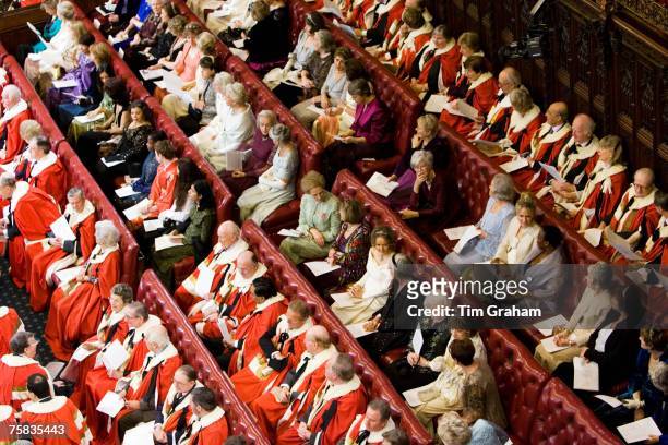 Members of House of Lords in robes seated at State Opening of Parliament, Houses of Parliament, England, United Kingdom