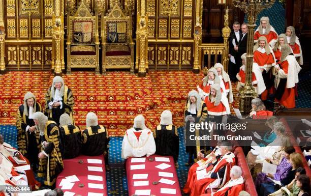 Members of House of Lords in robes seated at State Opening of Parliament, Houses of Parliament, England, United Kingdom