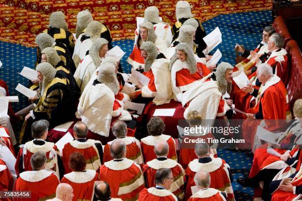 Law lords and members of House of Lords in wigs and robes at State Opening of Parliament, House of Lords, England, United Kingdom