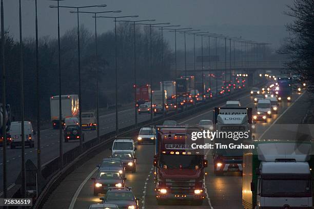 Southbound traffic on M1 Motorway in Northampton, United Kingdom.