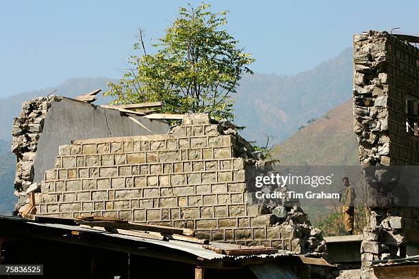 Buildings demolished in earthquake area of Azad Jammu Kashmir, in village of Pattika, Pakistan